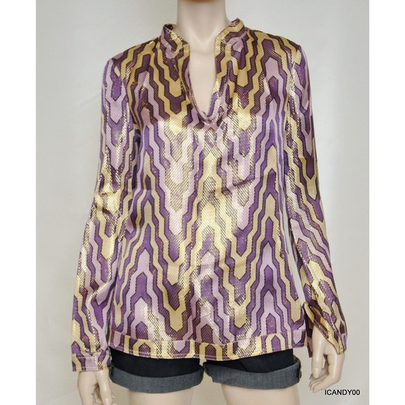 Tory Burch STEPHANIE Silk/Metallic Tunic Blouse Shirt Top Purple/Gold 6 Nwt $325 - Picture 1 of 5